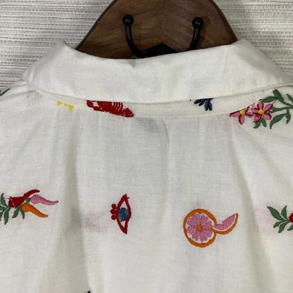 Caroline Constas White Crop Button Up Embroidered Top Med Summer Print Linen - Picture 11 of 13